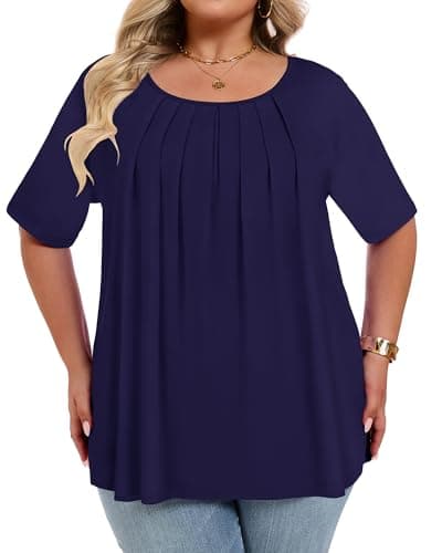 JOELLYUS Womens Plus Size Tops Summer Short Sleeve Shirts Flowy Crewneck Casual Loose Tunic Top Blouses (Dark Blue, XL) - Thumbnail 2