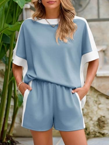 Tankaneo Womens 2 Piece Summer Outfits Oversized Short Sleeve Tops and Shorts Matching Sets Color Block Lounge Set - Thumbnail 4