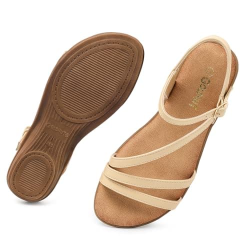 Goldnut Comfortable Flats Beige Sandals for Women Dressy Strappy Flats Ankle Strap Buckle Walking Casual Apricot Sandal size 7 - Image 1