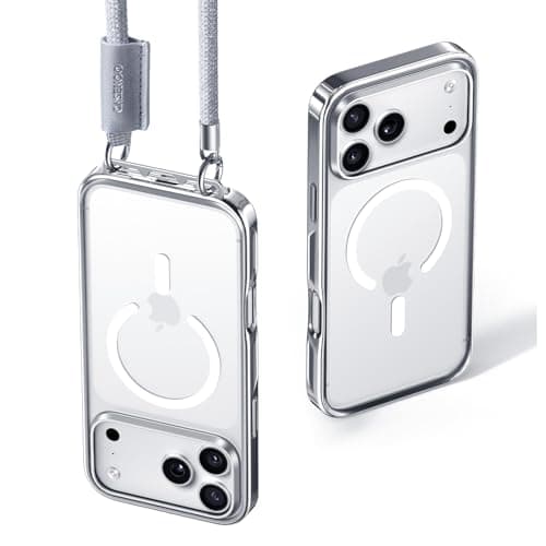 CASEKOO 2026 New Linkoo Glossy Magnetic iPhone 17 Pro Max Case with Strap, Built-in Foldable Hidden Tab, Anti Theft Lanyard, Aluminum Alloy Lens Protection, Clear Back, Polished Bumper Case, Silver - Image 1