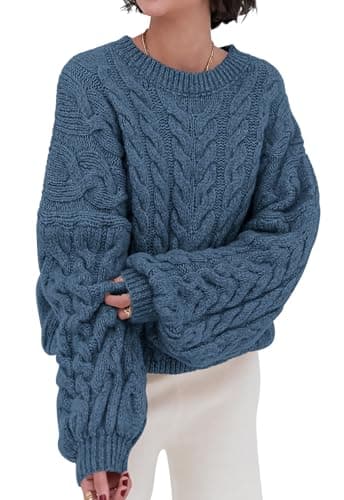 PRETTYGARDEN Womens Sweaters Spring 2026 Cable Knit Long Sleeve Crewneck Oversized Sweater Chunky Pullover Loose Outfits (Grey Blue, Small) - Image 1