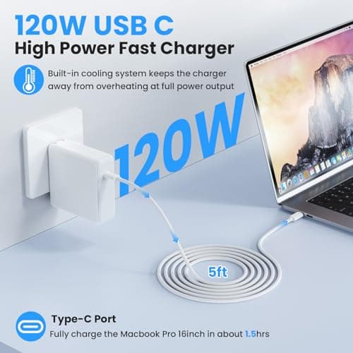MacBook Pro/Air Charger - 120W USB-C Fast Charger, Compact Laptop Charger Adapter Compatible with USB-C MacBooks, iPads, Samsung Galaxy and More (White) - Thumbnail 2