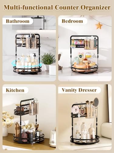 DUANFEE 360 Rotating Makeup Organizer, 2-Tier Black Perfume Organizer for Dresser, Bathroom Counter Organizer, Lazy Susan Vanity Tray Spinning Skincare Storage with Jewelry Hooks & Makeup Brush Holder - Thumbnail 5