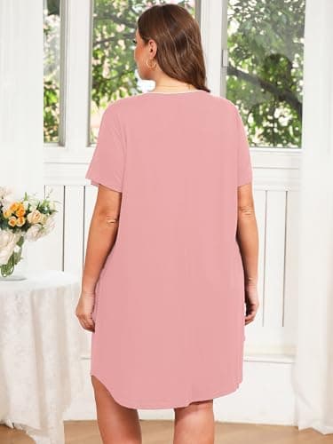 AusLook Plus Size Pink Nightgown for Women Midi Sleep 2X Dress Short Sleeve V Neck Loose Fit Lounge House Dress Soft Casual Night Dress - Thumbnail 4