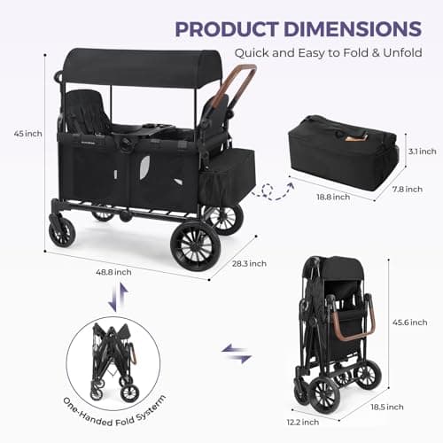 ELEMARA Wagon Stroller 4 Seater, Premium Stroller Wagon for 4 Kids, Foldable All-Terrain Wagon for Kids with Canopy, Adjustable Push/Pull Handles,Convertible High Seat&Organizer, Black - Thumbnail 2
