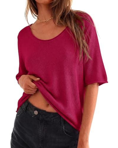 BTFBM Summer Sweaters for Women Lightweight 2026 Summer Oversized Short Sleeve Knitted Pullover Casual Loose Spring Tops(Red, XX-Large) - Image 1