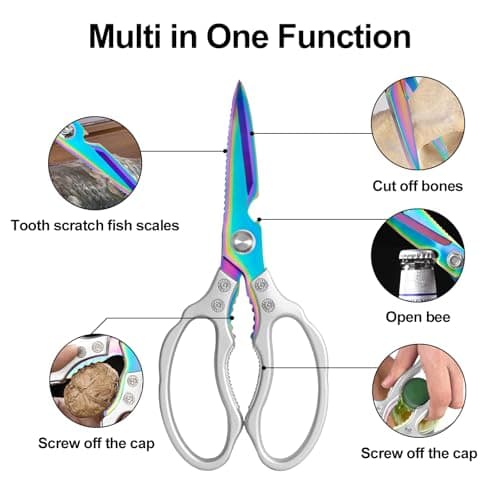 CGBE Kitchen Scissors, Multi-Purpose Kitchen Shears, Heavy Duty Dishwasher Safe Food Scissors for Chicken, Poultry, Fish, Meat & Herbs with Non-Slip Grips - Sliver Colorful - Thumbnail 2