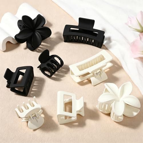 8 Pcs Matte Hair Clips for Women, Strong Hold Non-Slip Claw Clips for Girls, Flower Hair Clips for Thin Hair, Rectangle Claw Clips for Thick Hair,Neutral Colors Hair Accessories（White & Black） - Image 1