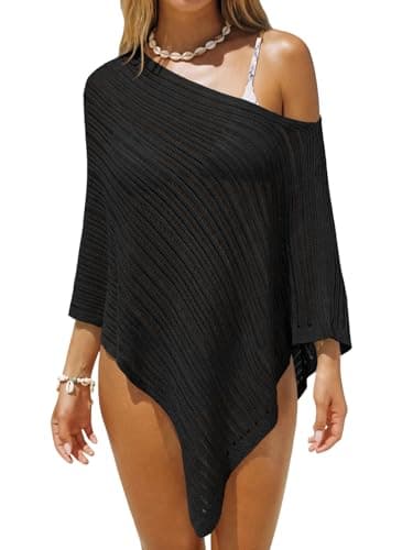 Saodimallsu Womens Off The Shoulder Beach Cover Ups Summer Batwing Sleeve Mesh Knit Asymmetrical Vacation Cape Top Black - Image 1