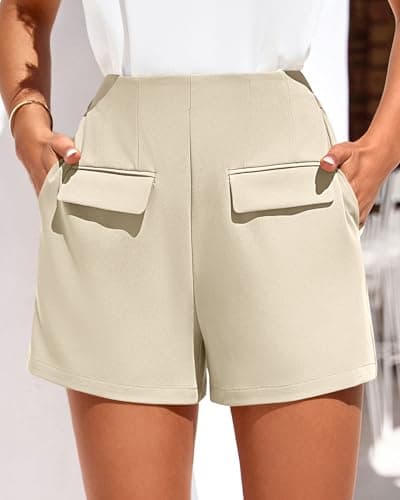 KIRUNDO Shorts for Women Dressy Casual 2026 Summer Elastic High Waisted Wide Leg Suit Tailored Business Work Shorts Pockets(Beige, X-Large) - Thumbnail 2