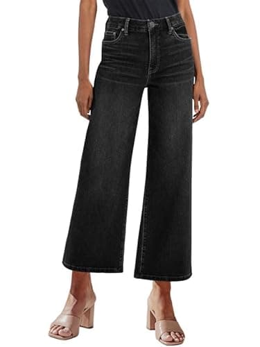 Genleck Women's Wide Leg Jeans – Trendy Cropped Loose Jeans High Waisted Stretchy Capri Denim Pants Baggy Trousers 2025 Black - Thumbnail 2
