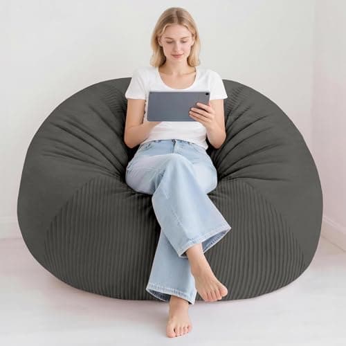 Homguava 4FT Bean Bag Chairs for Adults Teardrop BeanBag Chair Comfy Memory Foam Bean Bags Two-Tone Distressed Velvet&Corduroy Washable Cover for Living Room, Home (Distressed Velvet, Dark Grey) - Thumbnail 6