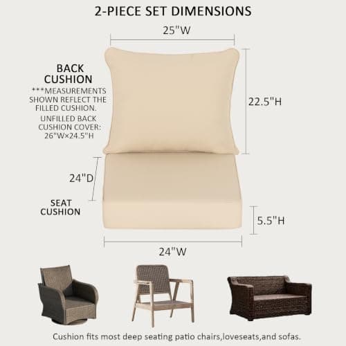 Localive 24x24 Inch Outdoor Deep Seat Cushions Set of 2,Thick High-Density Foam, Piped Edges & YKK Hidden Zipper,Water-Resistant UV-Resistant Polyester for Patio Furniture,Beige - Thumbnail 3