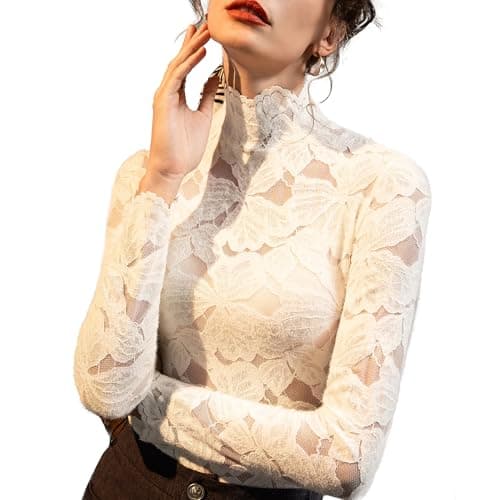 QiuDumo Women Spring Romantic Sexy See Thru Chic Lace Top Boho Bodycon Openwork Formal Office Lacy Outfit L White - Image 1
