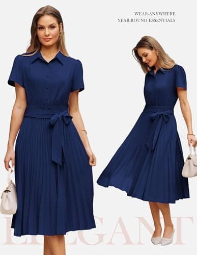 GRACE KARIN Women's 2026 Summer Midi Work Dress Short Sleeve Button Shirt Dresses A Line Pleated Belt Business Casual Dresses Navy Blue L - Thumbnail 3