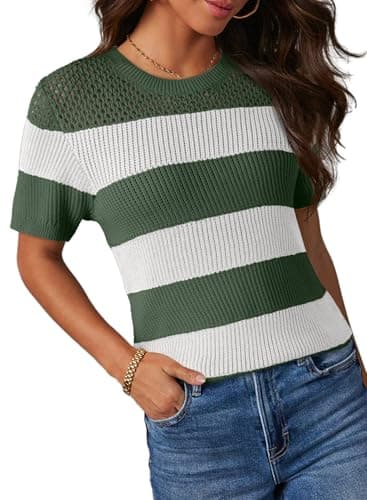 Dokotoo Summer Tops for Women Casual Short Sleeve Knit T Shirts 2026 Fashion Color Block Round Neck Striped Pullover Top Blouses Womens Spring Blouse Green X-Large - Image 1