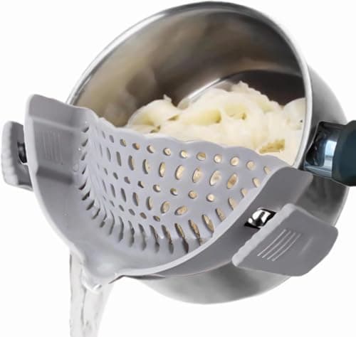 Clip On Strainer Silicone for All Pots and Pans, Pasta Strainer Clip on Food Strainer for Meat Vegetables Fruit Silicone Kitchen Colander (Grey) - Image 1