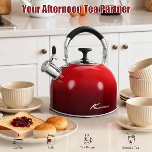 Tinlon Enamel 2.5 Qt Whistling Tea Kettle for Stovetop, Red - Thumbnail 2