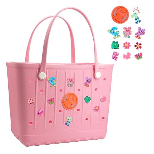 PanManner Rubber Beach Bag for Women, Large Capacity Rubber Tote Bag with Charms Waterproof Travel Handbag for Daily (Pink, Medium) - Image 1