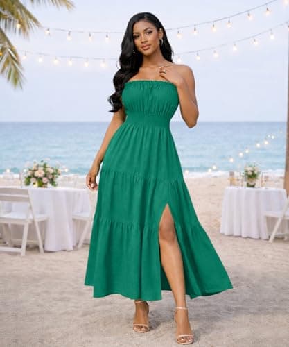 ABKY Off The Shoulder Dress Summer Strapless Tube Top Dresses Long Flowy A Line Side Slit Vacation Beach Holiday Party Outfit DeepGreen 2XL - Thumbnail 2