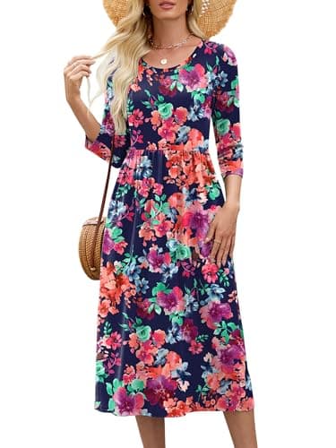 Heymoments Midi Dress for Women Blue Colored Flower X-Large Crewneck 3/4 Sleeves Wedding Guest A line Casual Flowy Swing Party Vintage Spring Fall Winter Travel 2026 Long Dresses with Pocket - Image 1