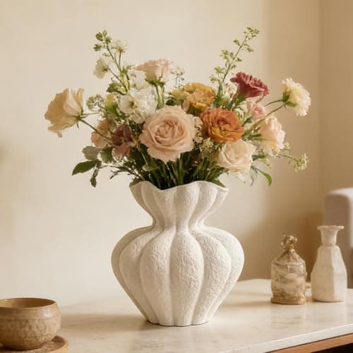 DecoVlog White Ceramic Vase, 8.2 Inch Modern Boho White Flower Vase for Home Decor, Unique Vase for Farmhouse Living Room Cabinet Table Centerpieces Wedding Decorations - Image 1