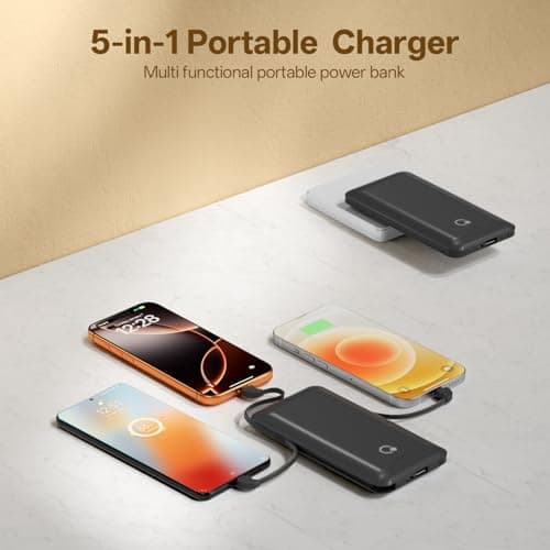 Brand Q Portable Charger with Built-in Cables and AC Wall Plug,Slim USB C Travel Essential Power Bank 10000mAh,External Battery Pack Compatible with iPhone,Samsung,Tablet and All Smart Phones - Thumbnail 2