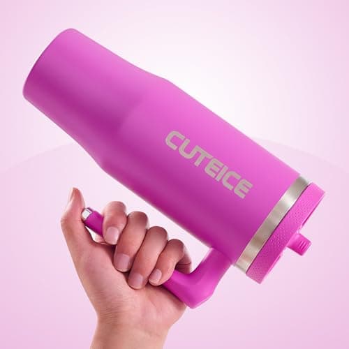 Cuteice 30 oz Water Bottle with Handle and Flip Straw, Coffee Travel Mug with Lids, Fits in Cup Holder Leak Resistant Tumbler Insulated Stainless Steel Gifts for Women Rose Purple Dark Blossom