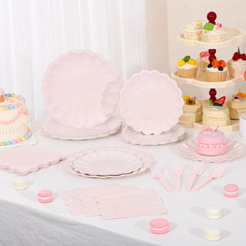 96 Pcs Pink Paper Plates and Napkins Party Supplies Serve 24 Guests Include Scalloped Dinner Plates 9.5", Dessert Plate 7.5", Napkins Plastic Forks for Baby Bridal Shower Wedding Mother's Day Birthday - Thumbnail 5