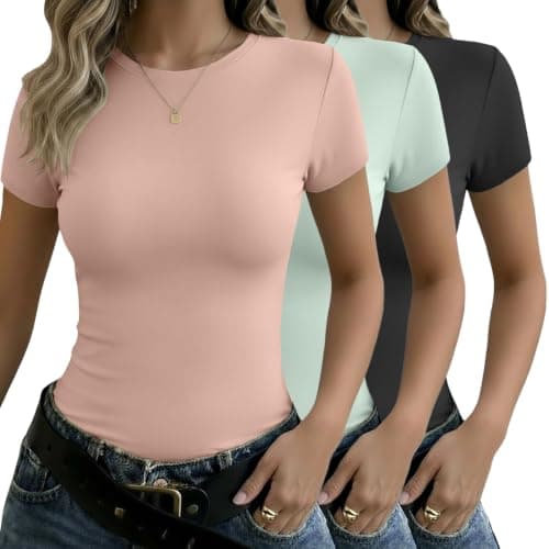 Ekouaer Basic Tees for Women Short Sleeve Shirts Crew Neck Slim Fit Tops Trendy Clothes Black/Light Green/Dirty Pink L - Image 1