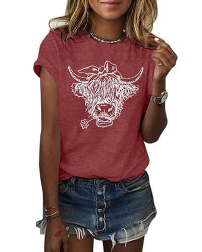 GEMLON Women's T Shirts Short Sleeve Tees Cowgirl Graphic Loose Summer Tops Western Shirts for Women(Wine Shirt S) - Image 1