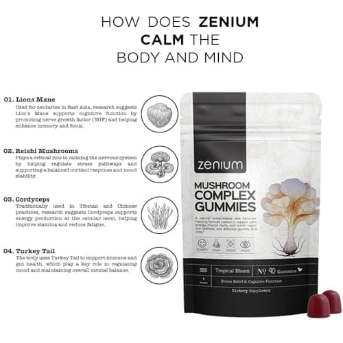 Zenium - Mushroom Complex 90 Gummies of 5000mgs of Lions Mane, 1000mgs of Reishi, Cordeyceps & More | Relieve, Tension, Worry & Irritability | Calm Mind & Body | Ayurvedic | Natural Relief Supplement - Thumbnail 4