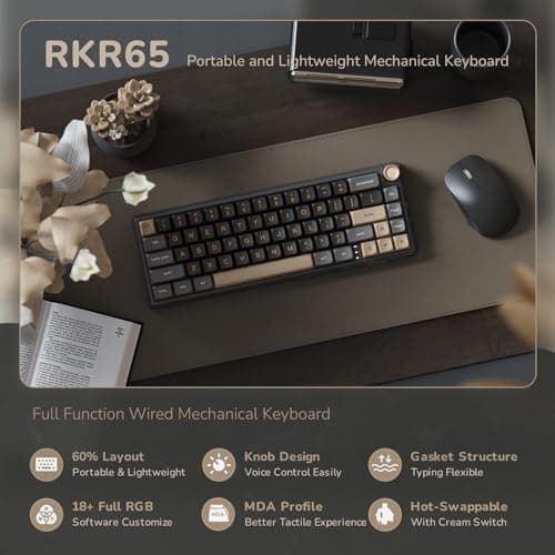 RK ROYAL KLUDGE R65 Wired Gaming Keyboard with Volume Knob, 60% Percent RGB Backlit Mechanical Keyboard Gasket Mount with PBT Keycaps, MDA Profile, QMK/VIA, 66 Keys Hot Swappable Cream Switch, Black - Thumbnail 2