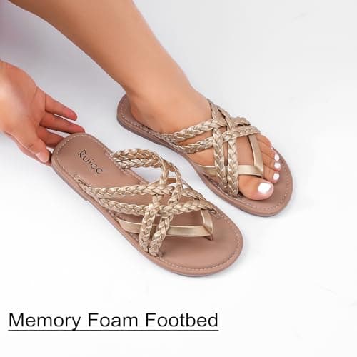 Ruiee Wide Width Sandals for Women, Summer Flip Flops Wide Feet Flat Slides Casual Braided Comfort Slip on Breathable Cute Sandal. 258009 Gold Size11 - Thumbnail 2