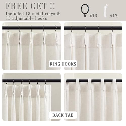 HUEVESSEL Pinch Pleat Semi Sheer Linen-Blend Curtains, Set of 2 Panels, 40" W x 84" L Each, Back Tab or Ring Hooks, Light Filtering for Living Room/Bedroom - Thumbnail 5