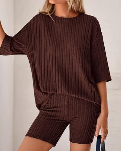 KIRUNDO Short Sets For Women Summer 2 Piece Matching Lounge Sets Casual Rib Knit Tshirts Biker Shorts Beach Vacation Outfits (Brown, X-Large) - Thumbnail 6
