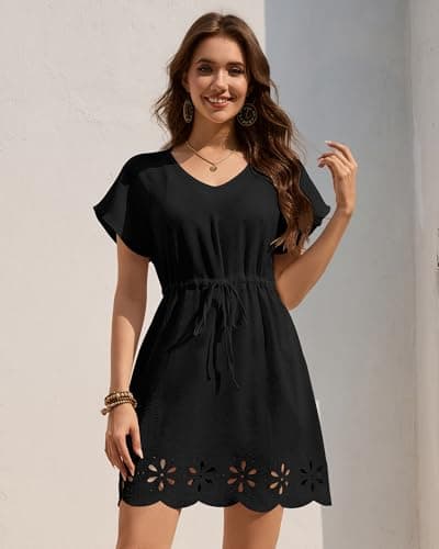 Bsubseach Swimsuit Coverup for Women V Neck Beach Cover Ups with Pockets Drawstring Swim Cover Up Dresses Black L - Thumbnail 2