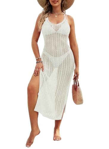 Pink Queen Women's Long Bodycon Swimsuit Cover Up Trendy Summer Halter Backless Crochet Slit Beach Bathing Suits Coverup Dresses White XL - Image 1