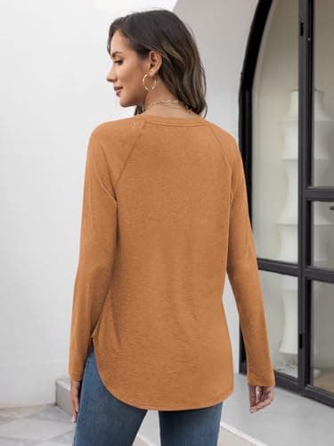 ATHMILE Fall Outfits for Women 2025 Long Sleeve T Shirt Round Neck Basic Loose Tunic Tops Orange - Thumbnail 3