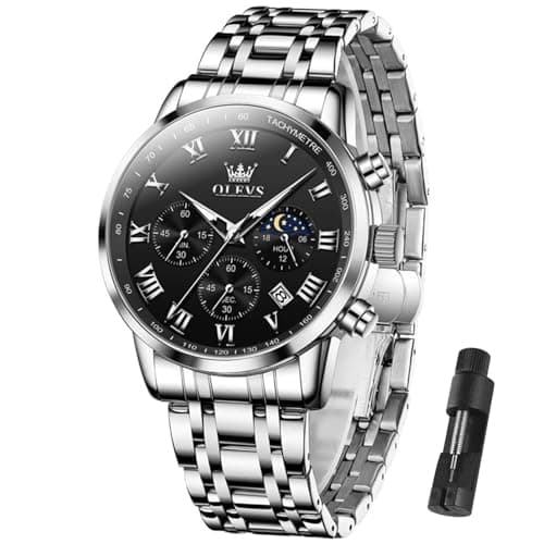 OLEVS Watch Men Luxury Black Mens Watches Silver Stainless Steel Waterproof Luminous Watches for Men Chronograph Moon Phase Big Face Man Watch Date Dress Fashion Analog Quartz Relojes para Hombres - Image 1