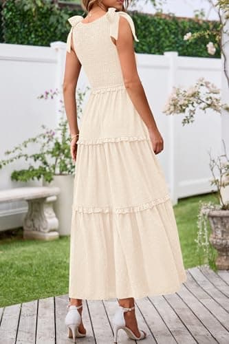 Okiwam Womens Summer Dresses 2026 Sleeveless Tie Strap Maxi Long Flowy Beach Sundresses Boho Swiss Dot Spring Wedding Guest Dress-L Beige - Thumbnail 3