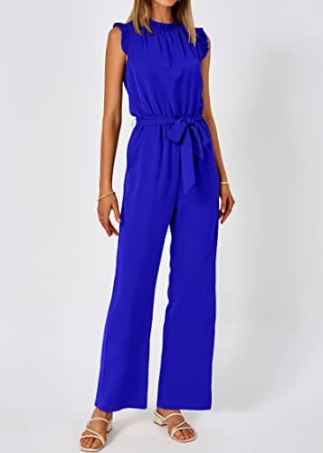 KIRUNDO Jumpsuits For Women Dressy Summer One Piece Sleeveless Ruffle Mock Neck Belt Pockets Formal Wide Leg Pants Romper(Royal Blue, Large) - Thumbnail 4