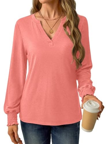 GKBK Womens Long Sleeve Shirts Fall Tops V Neck Business Dressy Casual Blouses with Smocked Cuffs Coral - Thumbnail 3