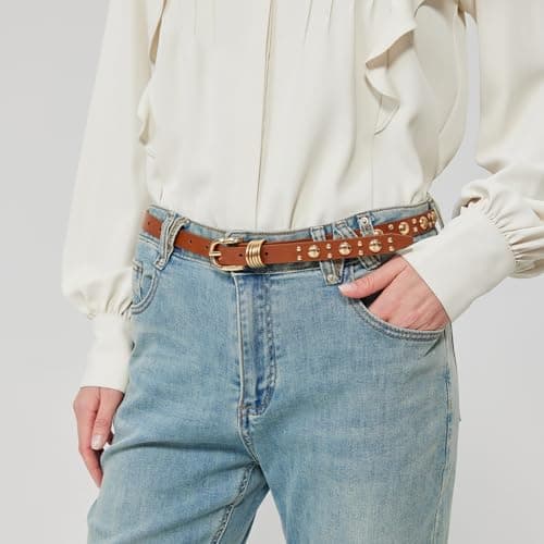 EONTISO Women Studded Leather Belt for Jeans, Punk Fashion Gold Rivets, Skinny Gold Brown L - Thumbnail 2
