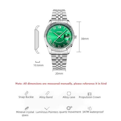 SINOBI Men's Luminous Hand Calendar Date Quartz Watch Classic Stainless Steel Watches for Men (Silver-Green) - Thumbnail 6