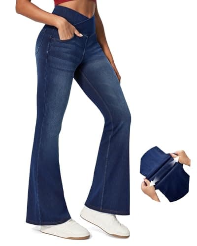 IUGA Stretchy Jeans for Women Bell Bottom Jeans V Cross High Waisted Jeggings Pull On Wide Leg Sweatpant Jean Flare Leggings(Whiskers Dark Wash, XX-Large) - Image 1