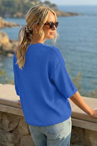 Arach&Cloz 2026 Women's Cotton Spring Summer Crochet Tops Crew Neck 3/4 Half Drop Short Sleeve Hollow Out Oversized Resort Wear Sweater Casual Vacation Outfits Fashion Trendy Shirts Royal Blue XL - Thumbnail 3