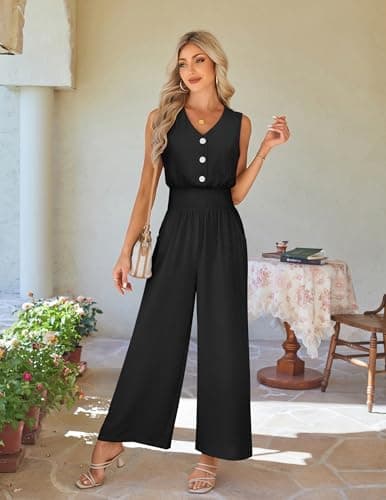 LOOKBOHO Women Jumpsuit Fashion Dressy One Piece Outfits Summer Sleeveless V Neck Rompers Casual Wide Leg Pants(B,XXL) - Thumbnail 2