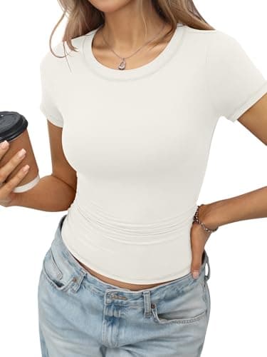 EasyGala Womens Double Lined Short Sleeve Tops Basic Crew Neck Fitted Shirts Y2k Going Out Tops Workout Tees Sexy Summer Clothes 2026 White Cream XL - Image 1