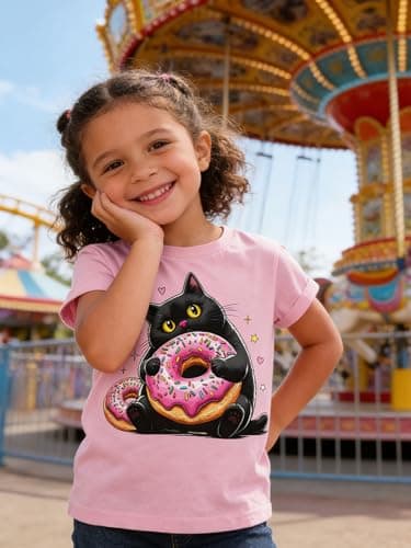 Funnycokid Little Girls Shirt Size 6 7 Kids Pink Tees Black Cat Donuts Animal Children Cute T-Shirt Graphic Short Sleeve Clothes Tops - Thumbnail 5